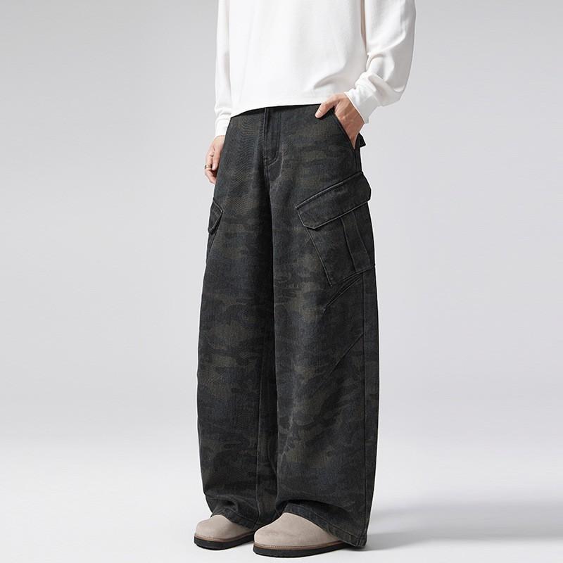 Mens Camo Cargo Pants Loose Fit Streetwear Casual Trousers With Multiple Pockets Cotton Blend
