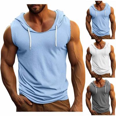 Мужской спортивный жилет без рукавов с завязками, однотонный жилет с капюшоном