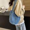 College Style Denim Bucket Bag Women's Flower Embroidered Underarm Bag Large Capacity Shoulder Bag