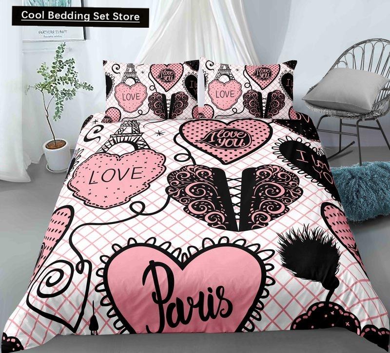 Пододеяльник с изображением парижской башни King Queen Знаменитые здания во Франции Комплект постельного белья для взрослых Розовый Романтический 2/3 шт. Полиэстеровый пододеяльник