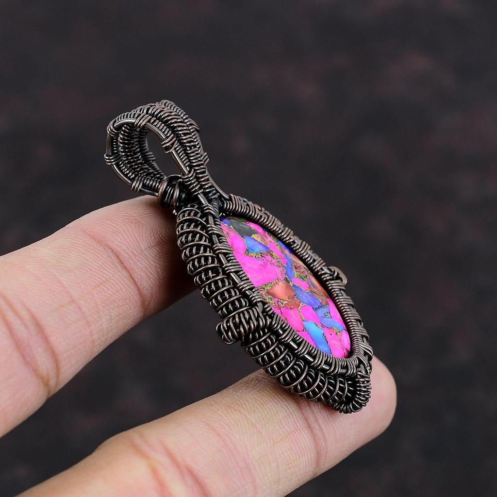 Натуральный Кингман Розовый Георгин Бирюзовый Кулон Кулон, обернутый медной проволокой Ручные медные украшения Бохо кулон Подарок для мамы Украшения из драгоценных камней