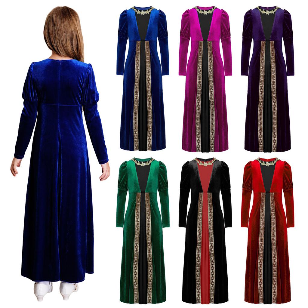 Girls Renaissance Dress Princess Medieval Long Sleeve Maxi Dress Gothic Cosplay Costume Halloween Role Playing Party Fancy Dress Gown