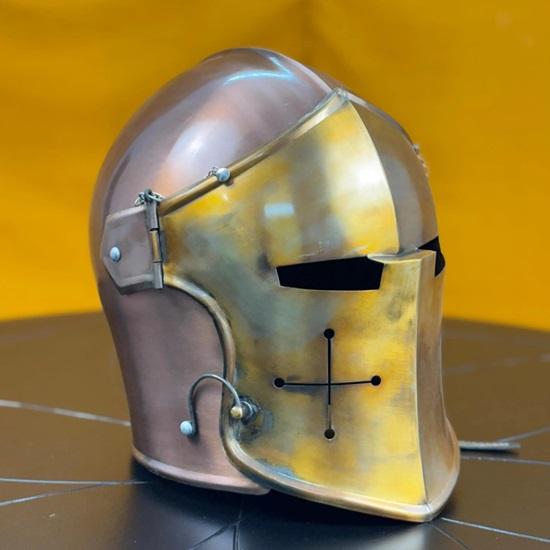 Medieval Barbute Helmet Two Tone Copper and Yellow 18G Steel Handmade Knight Armor