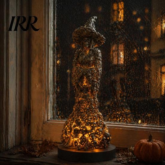Glowing Bone Sculpture Skeleton Witch Resin Figurine, Halloween Gothic Skull Statue, Spooky Realistic Texture Fantasy Ornament for Desk,