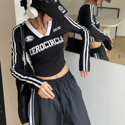 Винтажные футболки с длинным рукавом Y2k, женские полосатые укороченные топы Kpop, модная уличная одежда в Корейском стиле, тонкая эстетичная черная футболка, осень