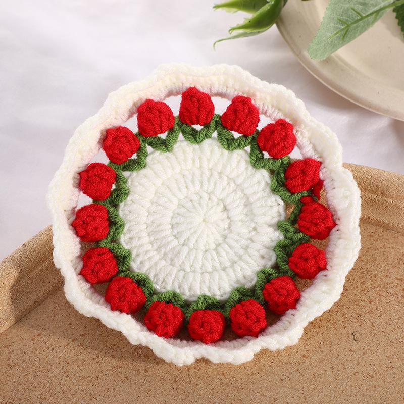 Creative Crochet Round Coasters Handmade Reusable Insulation Pads INS Style Hand-knitted Sunflower Cup Pad Desktop Decoration