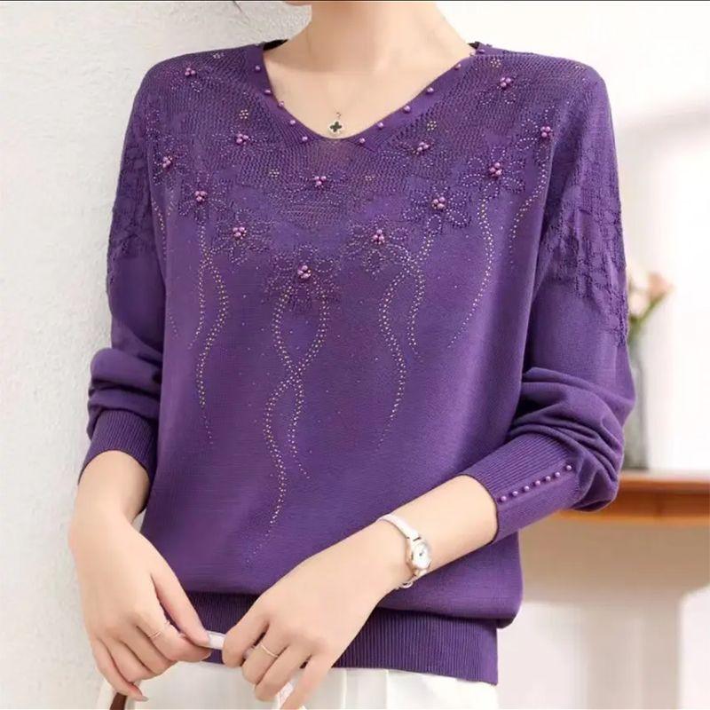 Женский вязаный свитер большого размера, свободный, с бисером, V-образным вырезом, тонкий пуловер, вязаный топ