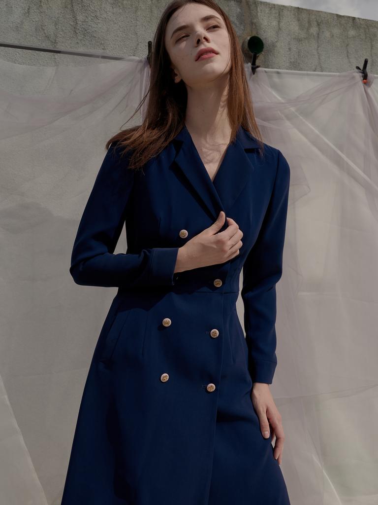 SORRY, TOO MUCH LOVE Double Button Trench Style Dress_Navy