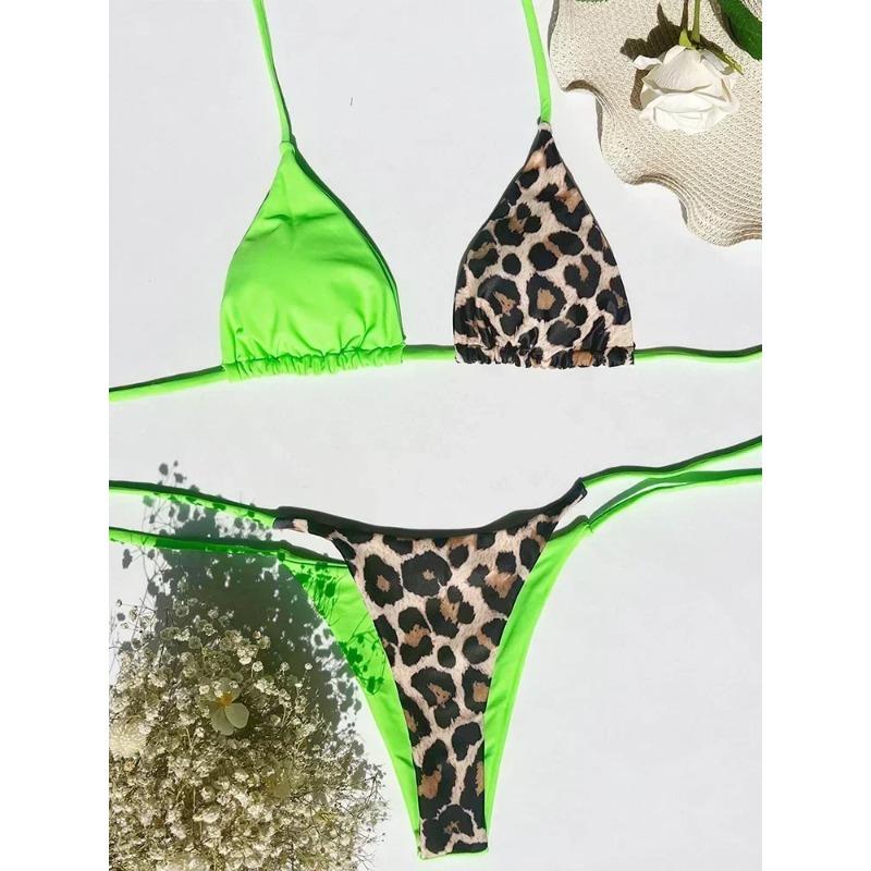 Бикини с леопардовым принтом и бретельками через шею 2025 года, мини-микробикини, женский купальник, женский купальник, комплект бикини из двух частей, купальный костюм, плавание
