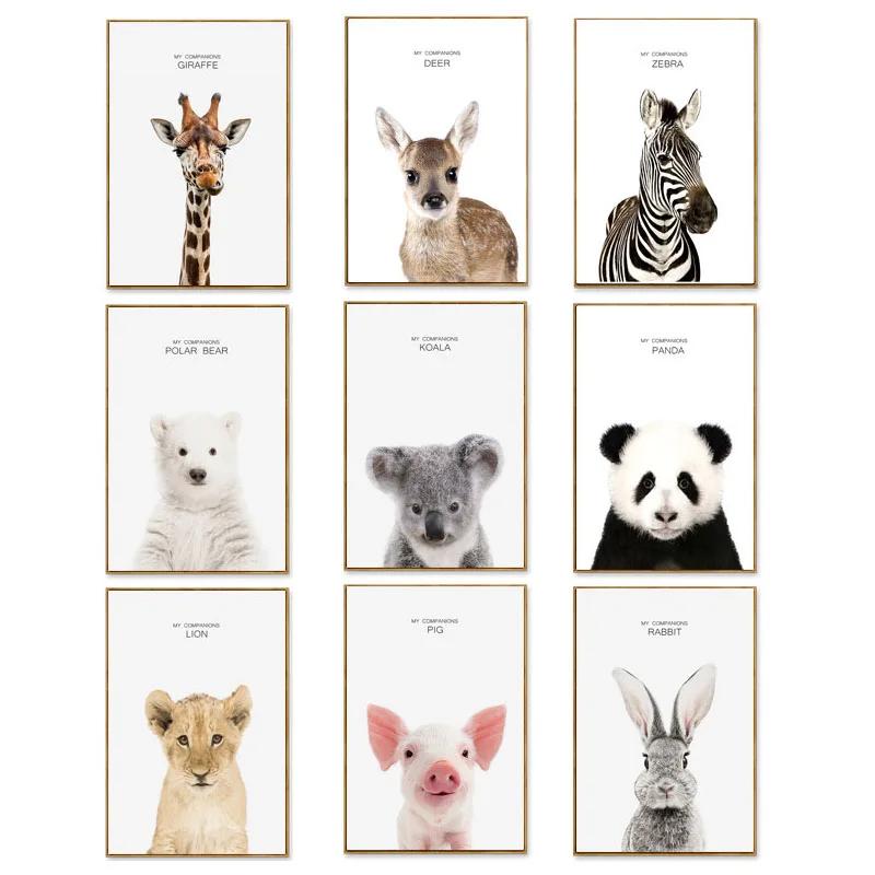 Плакаты и принты с животными, кролик, жираф, свинья, панда, лев, холст, картина, детская настенная живопись, скандинавская картина, украшение для детской комнаты