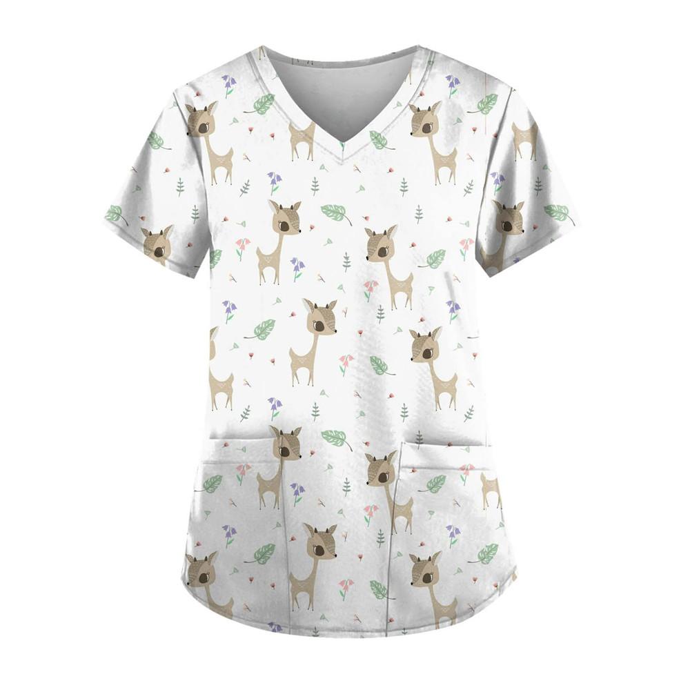 Женская одежда с мультяшным 3D-принтом и V-образным вырезом, женская рабочая одежда, топы с коротким рукавом и карманами, униформа для сиделок и медсестер