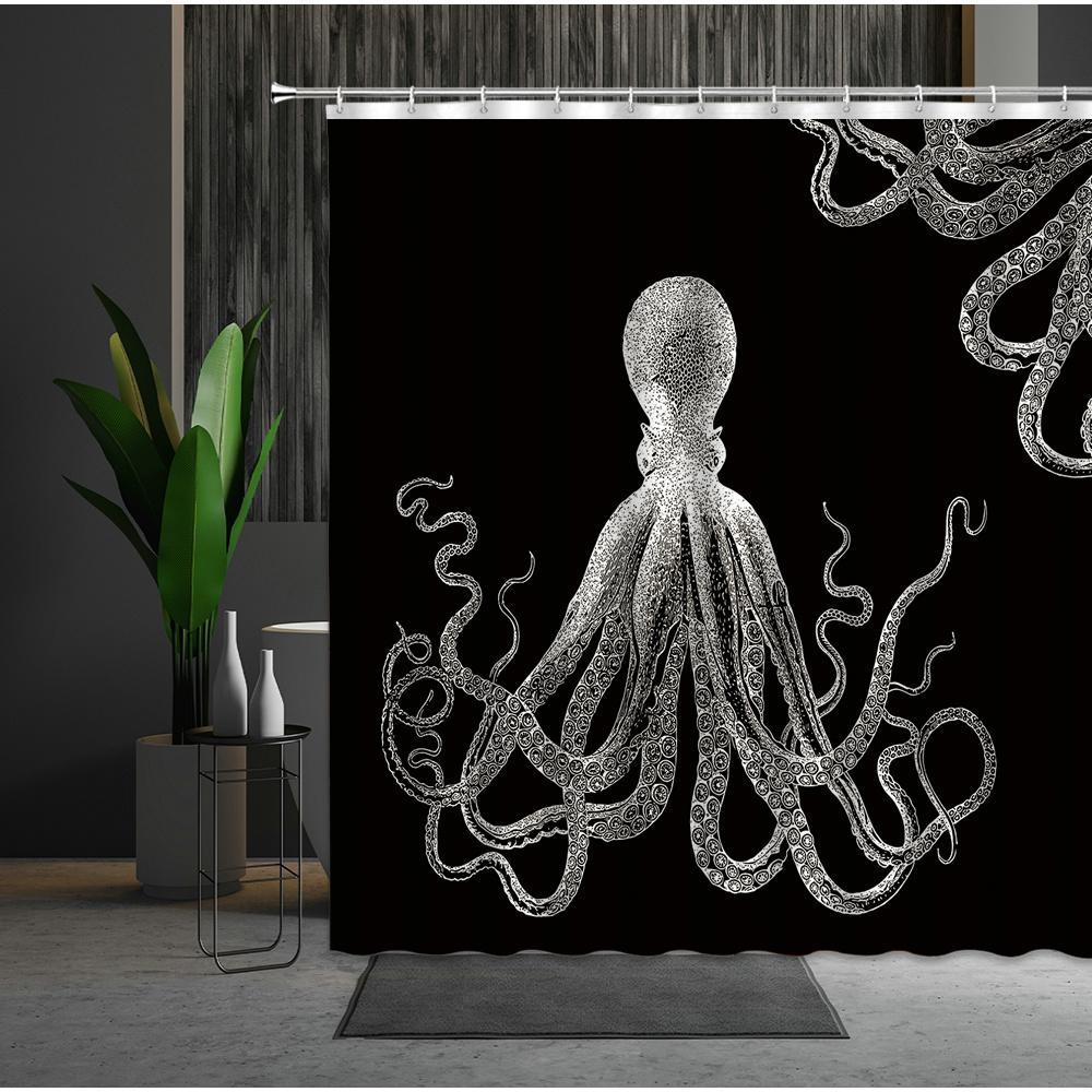 Забавная морская тварь Осьминог Занавеска для душа Морское существо Щупальце Черно-белый стиль Занавески для ванной Комнатный декор Тканевый крючок