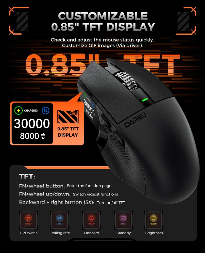DAREU A980PROMAX Gaming Mouse with Wired 4K TFT 30000 3 Side 4000Hz Technical Standards Certification Certified 8K/Wireless Screen, DPI, Buttons, 2.4G