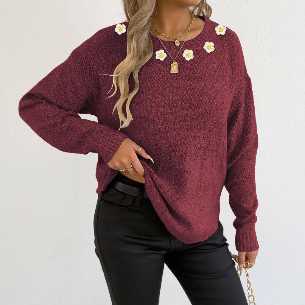 New Autumn and Winter Pullover Tops for Women, Hand-hooked Flower Patchwork Round Neck Comfortable and Casual Sweater