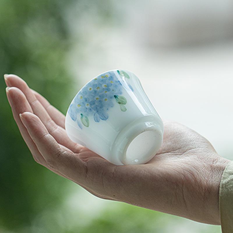 45ML Jade Porcelain Tea Cup Hand Painted Hydrangea Underglaze High White Gongfu Tea Set Gift