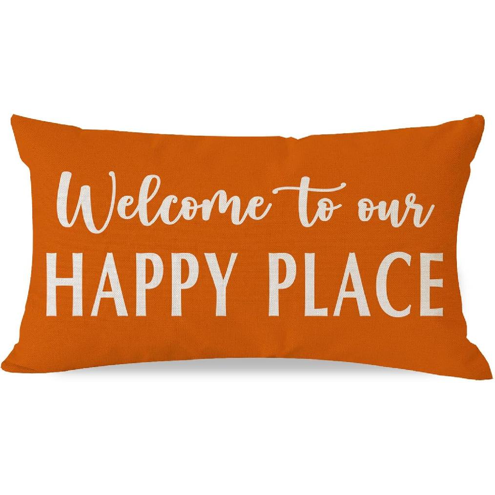 Decorative Throw Pillow Cover 12x20 Inch Welcome to Our Happy Place Black White Outdoor Modern Farmhouse Front Porch Patio Decor Lumbar Cushion Case