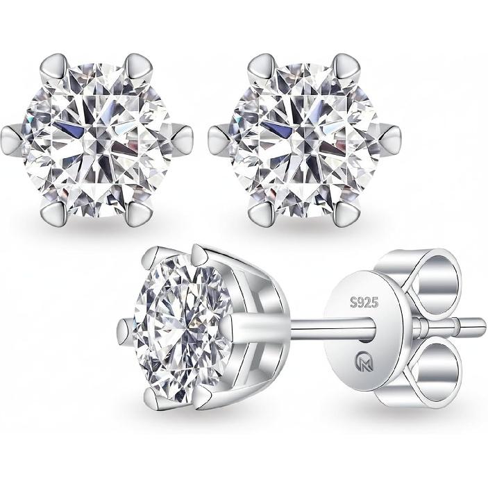 Moissanite Stud Earrings for Women Men, 925 Sterling Silver Earrings | Round Cut Lab Created Moissanite Diamond Stud Earrings, Hypoallergenic Rhodium