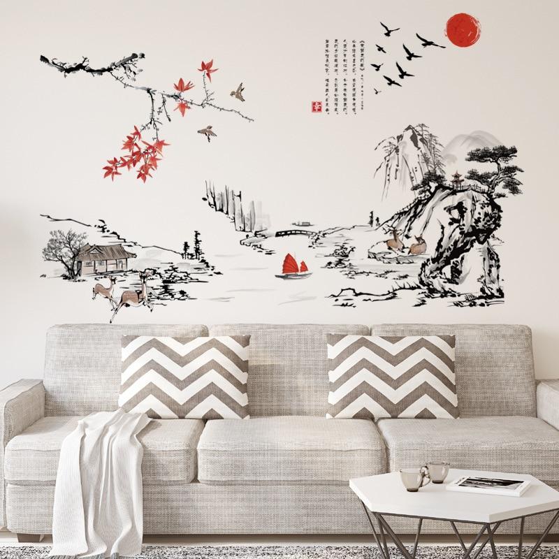 Chinese Style Ink Painting Landscape Art Wall Stickers Living Room Bedroom Background for Home Decoration Mural Decals Wallpaper