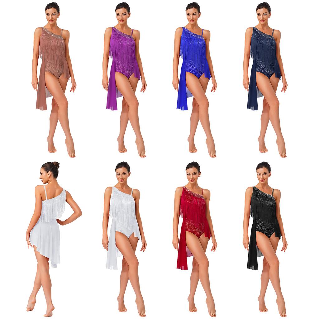 Asymmetrical Shoulder Glitter Rhinestone Tassel Dress with Irregular Hem Openable Crotch Leotard for Women Latin Tango Performance