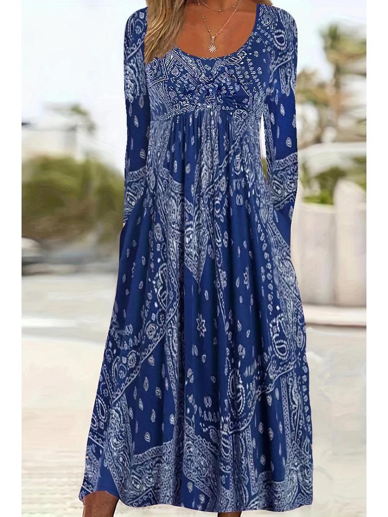 2025 Трансграничное европейско-американское осеннее цветочное платье макси с длинным рукавом