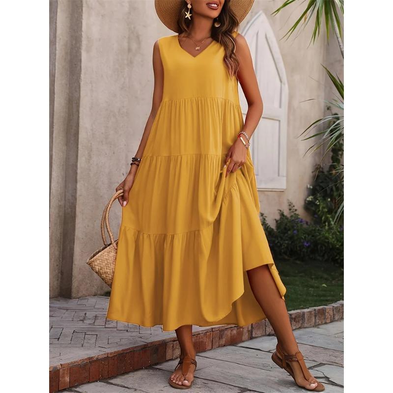 2025 Women Dress Summer Casual Vacation Holiday Beach Long Dresses V-neck Loose Elegant Yellow Black RUFFLES Dress Femme