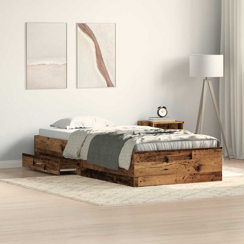 Rustic Storage Bed Frame with Drawers Reclaimed Wood Look 90 x 190 cm Engineered Wood