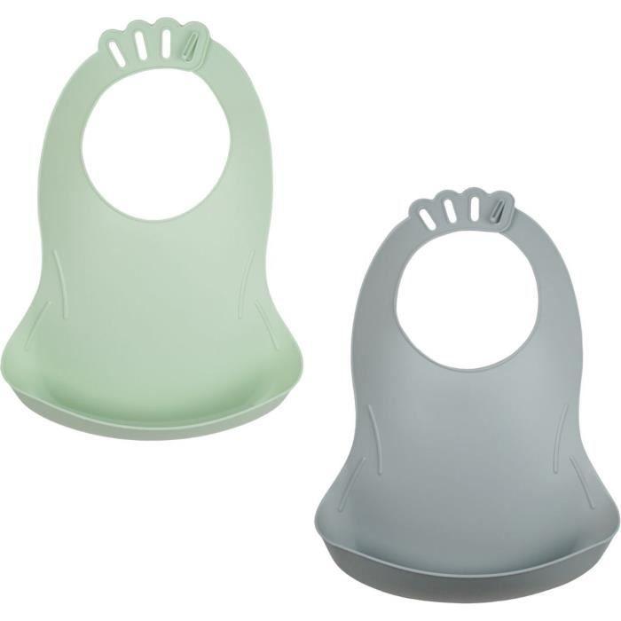Lot de 2 bavoirs - THERMOBABY - BIBOU - Vert Céladon et Gris Charme - Ajustables et étanches