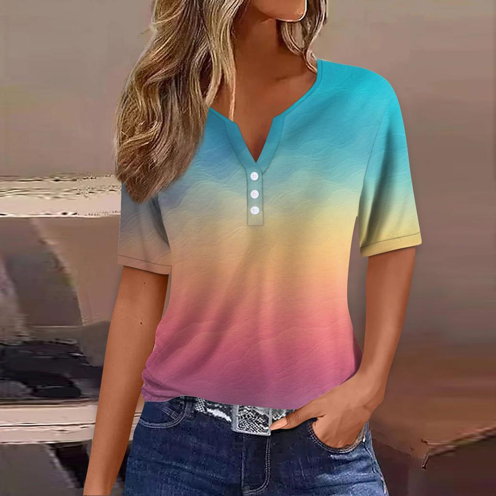 Женская футболка Футболка Принт Пуговица Короткий рукав Повседневная Мода для выходных Базовая V-образный вырез Обычный топ