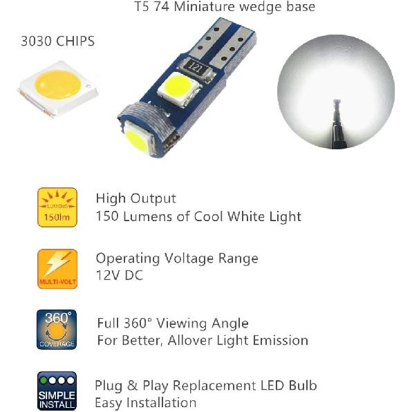 WLJH 10 Pack White Canbus T5 Led Bulb 2721 37 74 Wedge Lamp PC74 Twist Sockets Dash Dashboard Lights trument Panel Cluster Leds Car Replacement