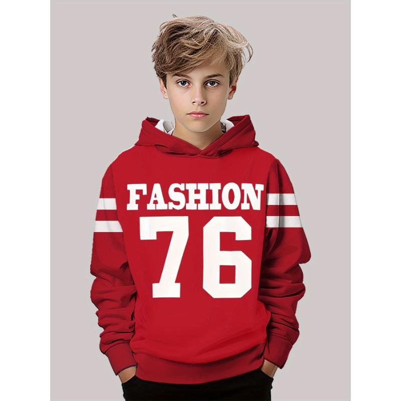 Ready for Fun! High-Quality Kids' Autumn Winter Hoodie with Iconic '76' Graphic, Versatile Street Style Long-Sleeve Top