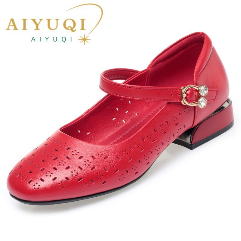 Модная обувь AIYUQI, женские красные ажурные туфли, весна-лето, женские туфли, полые, большого размера, модная обувь из натуральной кожи для женщин