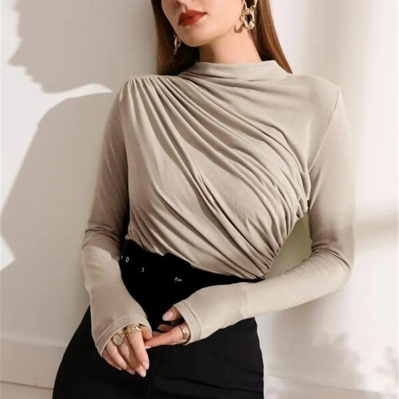 Autumn Women Long Sleeve Elastic Pure Color Going Out Tops Ruched Fashion Elegant Softy Slim Crop Top