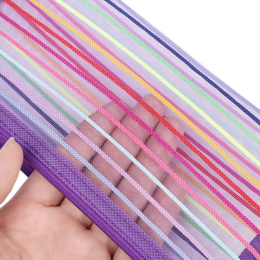 Stationery Rainbow Color Makeup Nylon Cosmetic Storage Grid Zipper Pencil Case Mesh Pen Bag