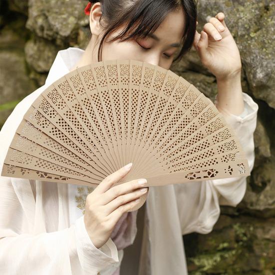 Wooden Folding Fan Chinese Style Hollow Ribs Portable Summer Hand Held Fan Decoration
