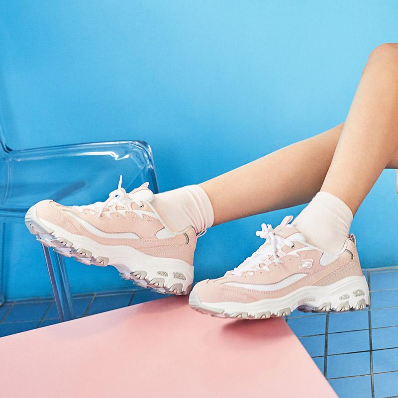 Skechers DLites 1.0 Сетчатая Кожаная Модная Амортизирующая Прочная Легкая Увеличивающая Рост Низкие Папины Кроссовки Женская Кроссовка Розовый Белый 11930-LPKW