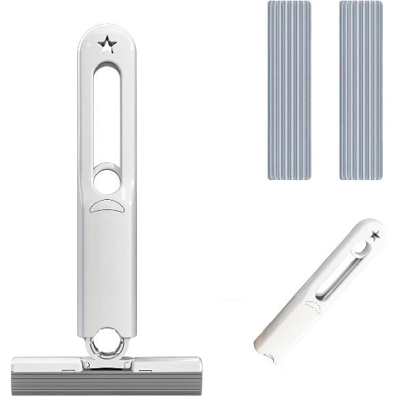 Мини Портативная Самоотжимающаяся Швабра - Самоотжимающаяся, Сильно Впитывающая Губчатая Швабра для Пола, Ванной Комнаты, Кухни и Стекла - 2 Запасные Губки + 1 Отжим