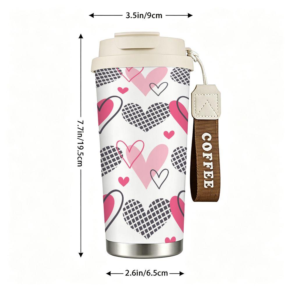Cute Pink Heart Pattern Stainless Steel Insulated Coffee Tumbler Vacuum Thermal Cup Portable Travel Mug for Women Office Home Gift