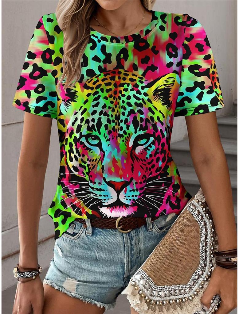 Summer Colorful Leopard 3D Print T-shirt Women Streetwear Casual Fashion Oversize Short Sleeve T Shirt O-neck Tees Tops Clothing