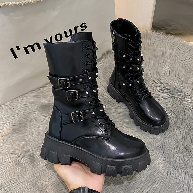 Goth Boots Woman Winter WOMEN ANKLE BOOTS Shoes Platform Sneakers Studded Belt Buckle Punk Army Shunky Helmet Boots Mid-Ice Boots