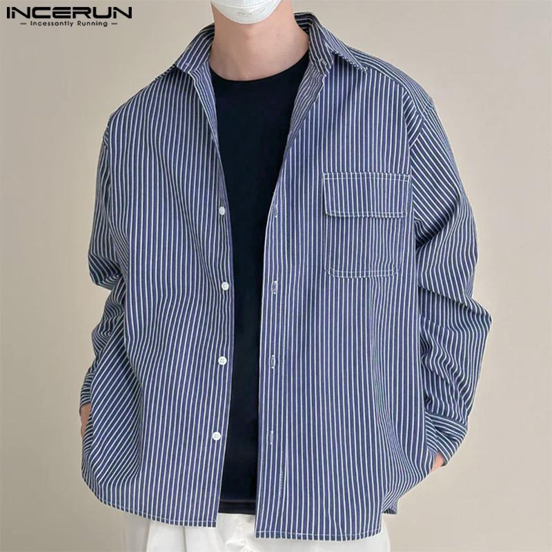 INCERUN Spring Summer Men Lapel Long Sleeve Striped Print Shirts Oversized Tops
