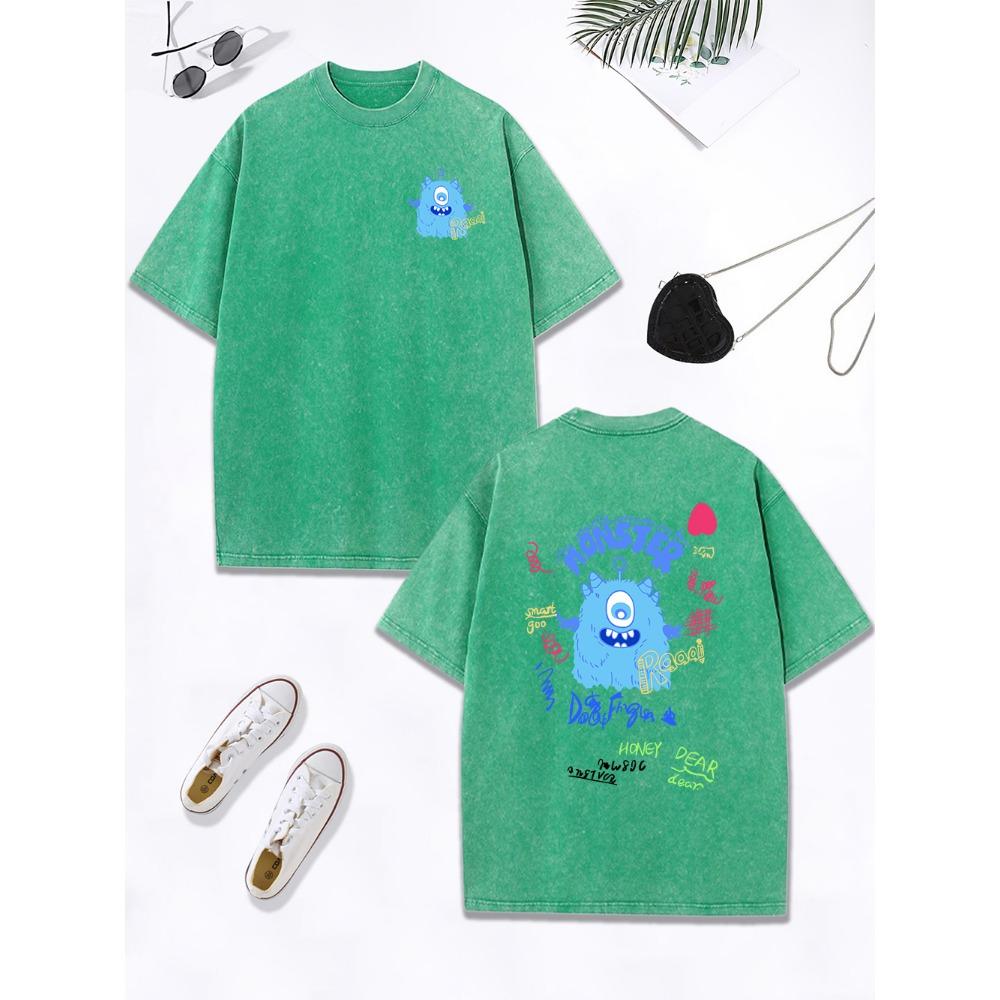 Cute Blue Plush Little Monster Cotton Washed T-Shirt Women Oversize Tops O-Neck Comfortable Distressed T Shirts Clothes