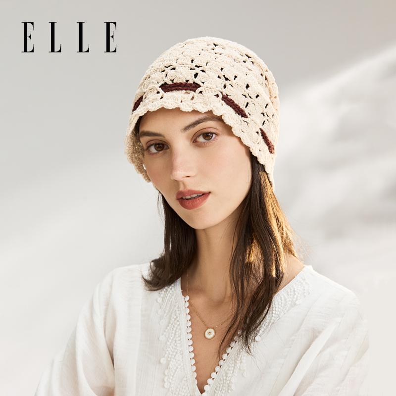 ELLE 100% pure cotton knitted pile hat for women, fashionable and versatile, hollowed out hook flower retro spring and autumn seasons