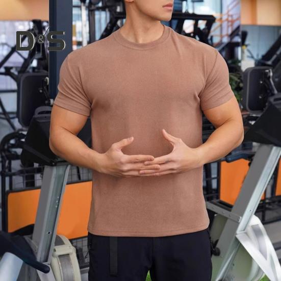 Summer Gym Top Round Neck Slim Fit Muscular Men Training T-shirt Short Sleeves Stretchy Slim Fit Jogging Exercise Tee