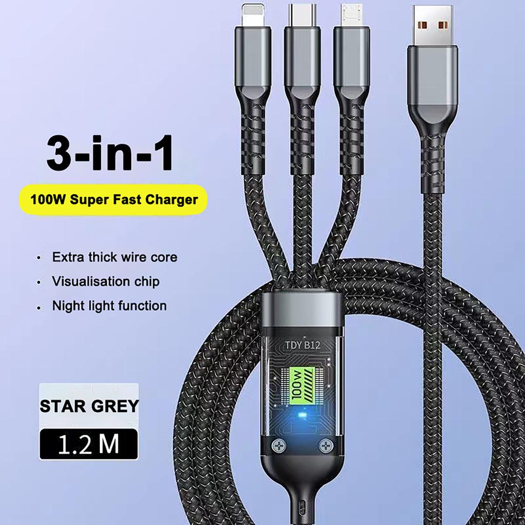100 Вт сверхбыстрая зарядка USB C Type 3 в 1 кабель для передачи данных с подсветкой для iPhone Samsung Xiaomi Huawei шнуры для быстрой зарядки