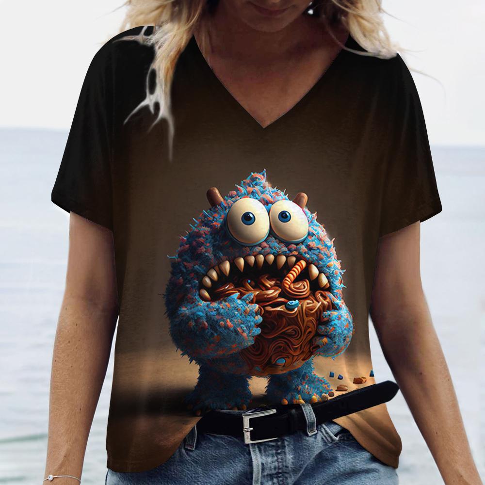Funny 3D Doll Print Women's T-Shirts Summer Daily Casual Female Clothing Fashion V-neck Short Sleeve Tee Street Girls Loose Tops