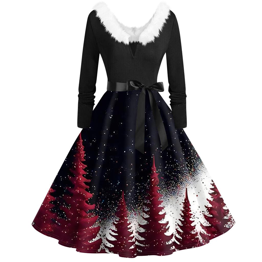 Женская мода с v-образным вырезом, повседневные тонкие рождественские платья с воротником из волос и длинными рукавами с принтом