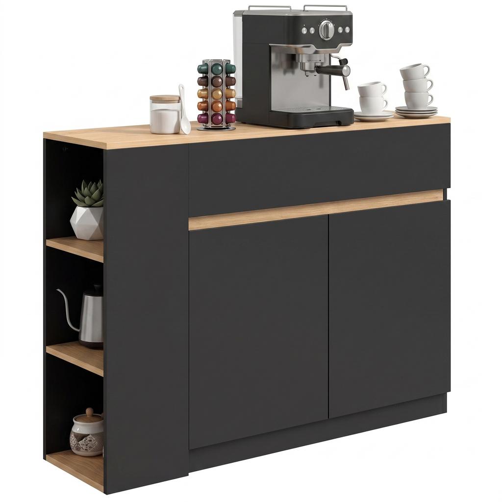 Sideboard, Buffet, Large Cabinet Compartment, 3-Tier Shelf, Drawer, Black, 110 x 29.5 x 82cm