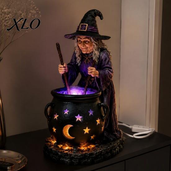Halloween Witch Cauldron Decor Statue with Glowing Cauldron, USB Powered Resin Black Creative Gift for Friends Pot Figurine Green/Purple LED