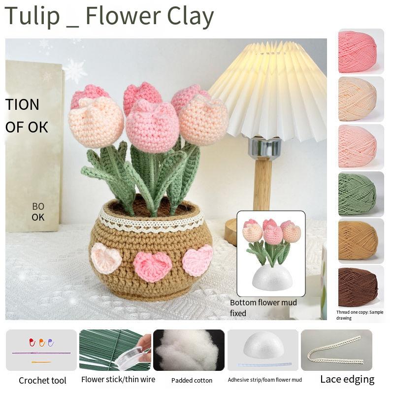 Крючковатый цветок Готовый продукт Тканый тюльпан Маргаритка Цветок в горшке Букет Пряжа Вязание крючком Материал Сумка Украшение Цветок