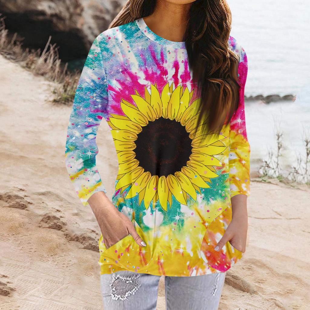 Women's Fashion Casual Round Neck Print 3/4 Sleeve Pocket T-Shirt Top